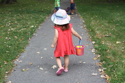 Rear view of girl walking on grass