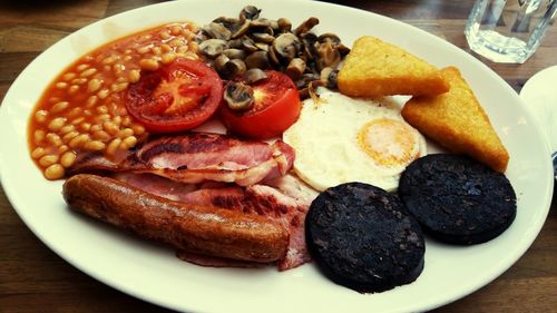 High angle view of breakfast served on table