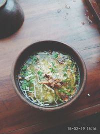 High angle view of soup in bowl