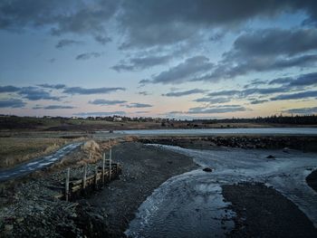 Scenic view of land against sky during sunset