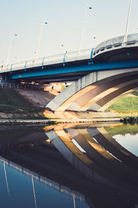 Bridge over river against sky in city