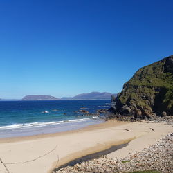 Scenic view of beach against clear blue sky