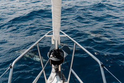 High angle view of sailboat sailing in sea