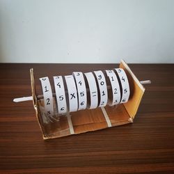 High angle view of text on wooden table