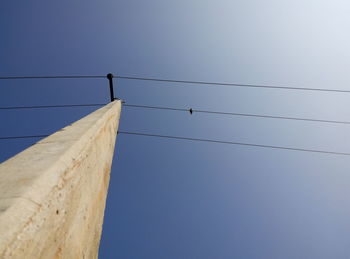 Low angle view of bird perching on cable against clear sky