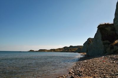 Scenic view of sea against clear blue sky