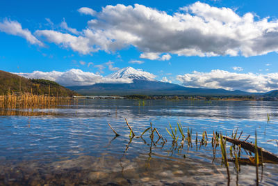 Scenic view of lake by mountains against sky