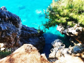 High angle view of rocks in sea