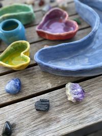 High angle view of ceramics on table