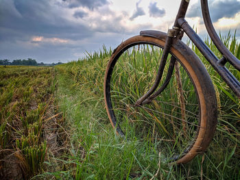 Bicycle wheel on field against sky