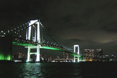 Suspension bridge over river at night