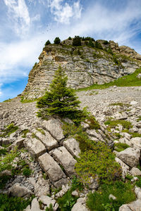 Low angle view of rock formation against sky