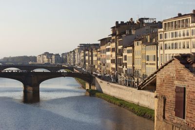 Bridge over river by buildings against sky in city