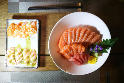 High angle view of breakfast served on table