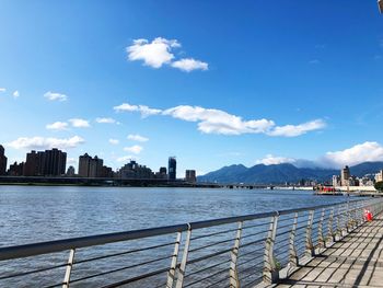 View of buildings by river against cloudy sky