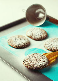 High angle view of cookies on table
