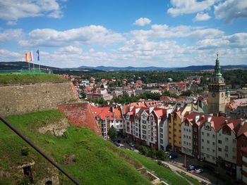 High angle shot of townscape against sky