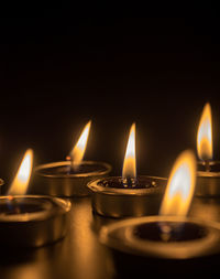 Close-up of illuminated candles on table