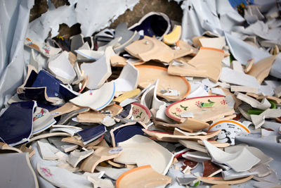 High angle view of objects on table