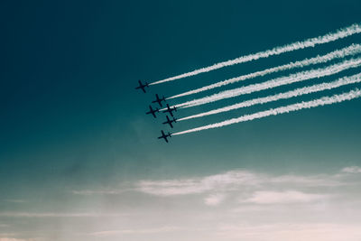 Low angle view of airplane flying against sky