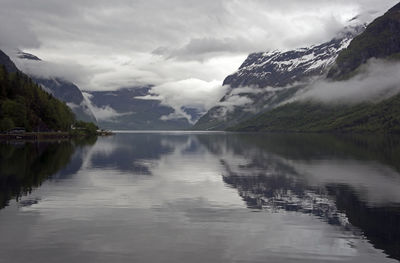 Scenic view of lake and mountains against sky