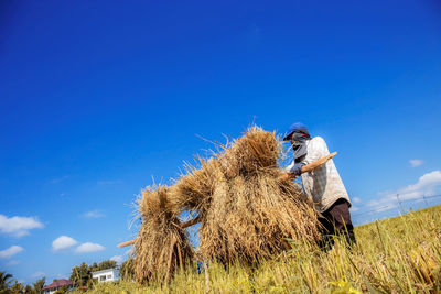 Man working on field against blue sky