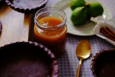 Close-up of drink in jar on table