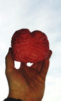 Close-up of hand holding hands against sky