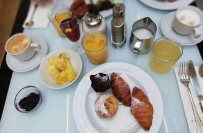 High angle view of breakfast served on table