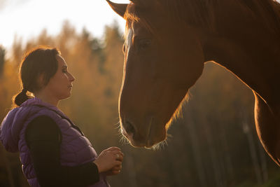 Side view of mid adult woman looking at horse while standing against trees during sunset