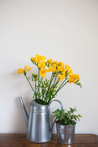 Close-up of yellow flower vase against white background