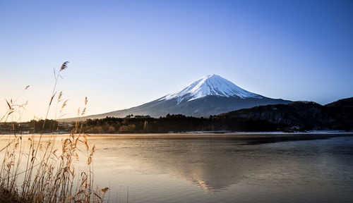 Scenic view of lake by snowcapped mountains against clear sky