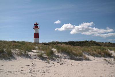 Lighthouse on beach against sky