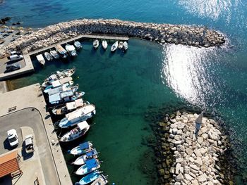 High angle view of ship moored at harbor