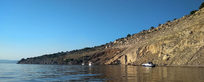 Scenic view of sea against clear blue sky