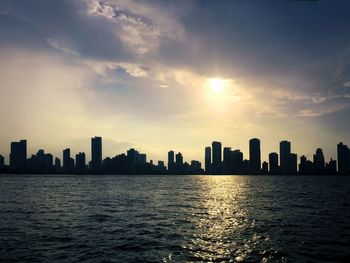City at waterfront during sunset