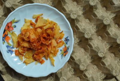 High angle view of meal served on table