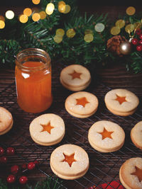 High angle view of cookies on table