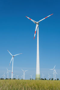 Windmills on field against clear blue sky