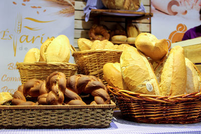 Various breads in basket on table