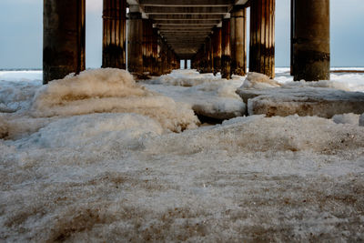 High angle view of snow on sea