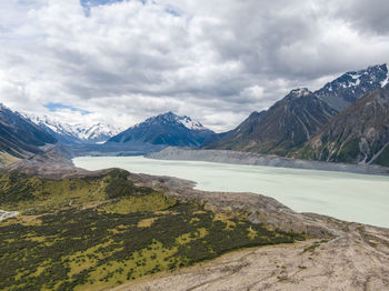 Aerial view of lake against mountain range