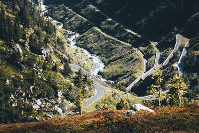 High angle view of winding road amidst trees