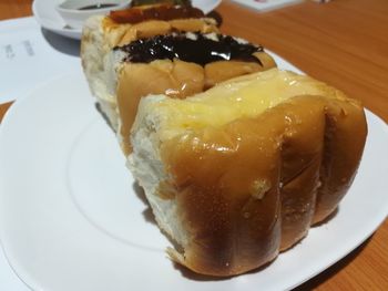 High angle view of cake in plate on table