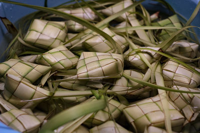 High angle view of eggs in basket