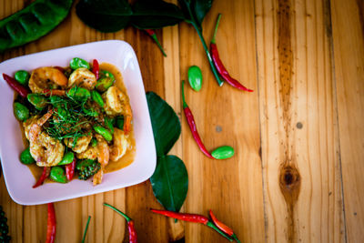 High angle view of salad in plate on table