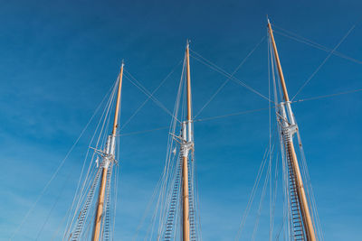 Low angle view of mast against clear blue sky