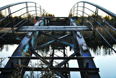 Low angle view of abandoned water against clear sky