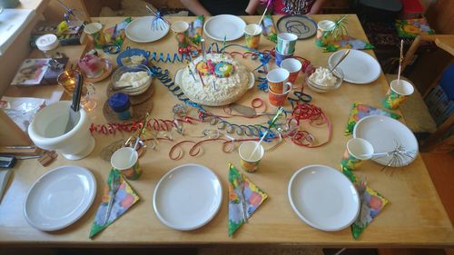 High angle view of breakfast on table