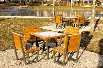 Chairs and tables at outdoor cafe